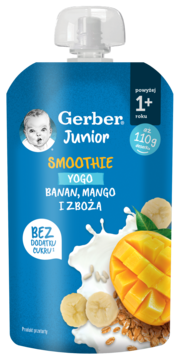Gerber Junior Smoothie Yogo Banan Mango i Zboża 110g, niebieski pouch, dla 1+, bez cukru, widok z przodu.