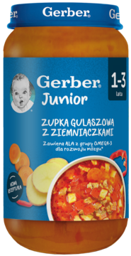 Gerber Junior Zupka Gulaszowa z Ziemniaczkami, 1-3 lata, z ALA omega-3, w słoiku, widok frontalny.