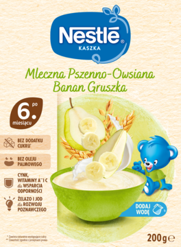 Nestle kaszka mleczna pszenno-owsiana Banan Gruszka 200g. Na opakowaniu miseczka kaszki z owocami i miś. Bez cukru, od 6 mca.