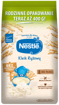 Zielono-biała torebka Nestlé Kleik Ryżowy 400g z misiem, z napisami 'bez cukru, bez mleka', widok z przodu.