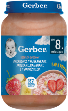 Gerber Deserek Owocowy Makaron z Truskawkami, Jabłkami, Bananami i Twarożkiem, słoiczek po 8m, przód.
