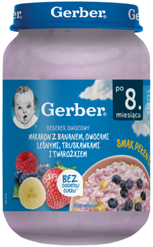 Gerber deserek owocowy z makaronem, bananem, owocami leśnymi, twarożkiem, fioletowy słoiczek, widok z przodu.