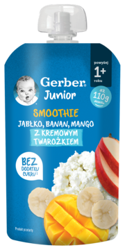 Gerber Junior Smoothie 1+ jabłko, banan, mango z kremowym twarożkiem, bez cukru, niebieska saszetka, widok z przodu.