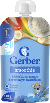 Gerber smoothie jabłko banan mango z kremowym twarożkiem, dla dzieci pow. 1 roku, bez cukru. Niebieska saszetka z owocami na etykiecie, widok z przodu.