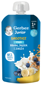 Niebieska saszetka Gerber Junior Smoothie Yogo Banan, Jagoda i Zboża, 1+ rok, bez cukru, widok z przodu.