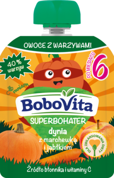 Pomarańczowa saszetka BoboVita SUPERBOHATER dynia, marchew, jabłko dla niemowląt 6M+, 40% warzyw.
