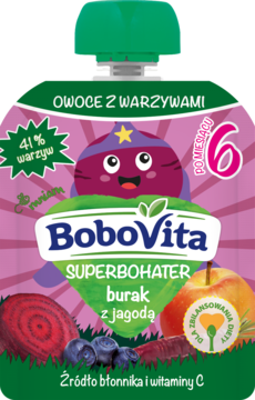 Zielono-fioletowa tubka BoboVita Burak z Jagodą dla niemowląt, z rysunkiem buraka i owoców, widok z przodu.