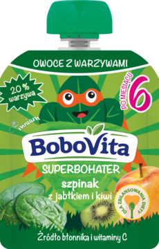 BoboVita mus Superbohater szpinak, jabłko, kiwi, zielona tubka dla niemowląt od 6 miesiąca, front.