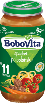 Słoiczek BoboVita spaghetti po bolońsku, zielona etykieta z makaronem, mięsem i warzywami, dla dzieci od 11 miesiąca.