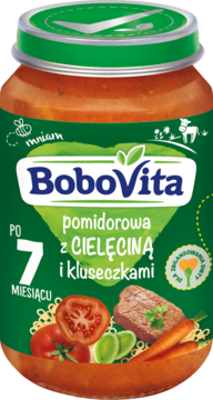 Słoik BoboVita pomidorowa z cielęciną i kluseczkami po 7 miesiącu, zielona etykieta z ilustracją warzyw i mięsa.