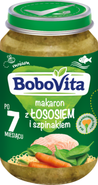 Słoiczek BoboVita makaron z łososiem i szpinakiem, zielona nakrętka, widok z przodu, dla dzieci po 7 miesiącu.