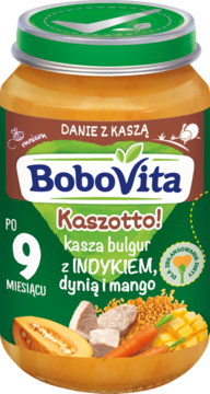 Słoiczek BoboVita Kaszotto dla niemowląt po 9 miesiącu, z indykiem, dynią i mango, widok z przodu.
