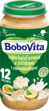 Słoiczek BoboVita: zupa kalafiorowa z żółtkiem i ziemniaczkami. Zielona etykieta, grafika warzyw i jajka. Od 12 miesięcy.