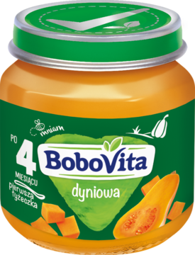 BoboVita dyniowa, przecier warzywny od 4 miesiąca w szklanym słoiczku z dynią na zielonej etykiecie, przód.
