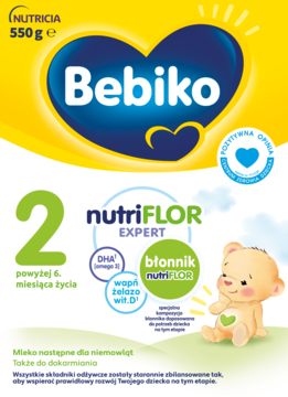 Bebiko 2 formuła dla niemowląt, żółto-niebieskie opakowanie z logo Bebiko, nutriFLOR, DHA, żelazo, wit.D. Widok z przodu.