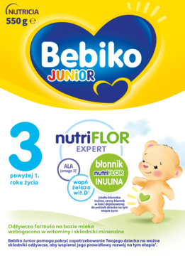 Bebiko Junior 3, formuła mleczna 550g dla dzieci powyżej 1. roku życia z nutriFLOR INULINA, żółto-białe opakowanie.
