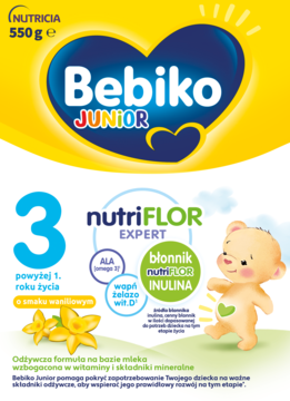 Bebiko Junior 3 mleko 550g, smak waniliowy z nutriFLOR EXPERT i inuliną, opakowanie żółto-niebieskie, przód.