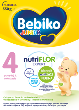 Bebiko Junior 4, formuła mleczna z błonnikiem nutriFLOR INULINA 550g, żółte opakowanie z misiem, widok z przodu.
