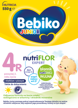 Opakowanie Bebiko Junior 4R z kleikiem ryżowym i błonnikiem nutriflor, na żółto-niebieskim tle z misiem.