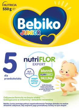 Front opakowania Bebiko Junior 5 nutriFLOR EXPERT, mleko modyfikowane dla przedszkolaków, 550g z inuliną i wit.D.