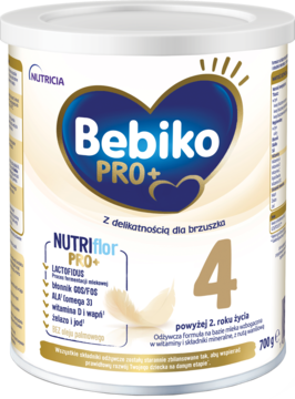 Bebiko PRO+ 4 formula dla dzieci powyżej 2 lat, biała puszka z granatowym sercem, cyfrą 4, widok z przodu.