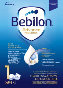 Niebieskie opakowanie mleka początkowego Bebilon 1 Advance PRONUTRA 550g, widok z przodu.