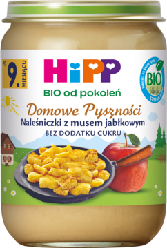 Słoik HiPP BIO Naleśniczki z musem jabłkowym dla niemowląt, bez cukru. Na etykiecie: patelnia z daniem, jabłko.