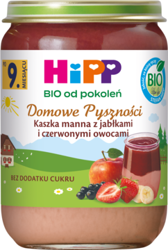 Słoiczek HiPP BIO: kaszka manna z jabłkami i czerwonymi owocami, od 9. miesiąca, widok z przodu.