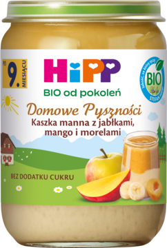 Słoiczek HiPP BIO Kaszka manna z jabłkami, mango i morelami. Etykieta z owocami, kaszką i krajobrazem, tekst: po 9. miesiącu, bez cukru.