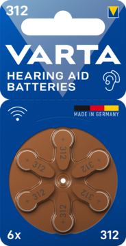 VARTA słuchowe baterie 312, 6 sztuk, brązowe w niebieskim blistrze, Made in Germany, widok z przodu.