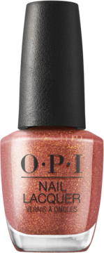 Butelka OPI Nail Lacquer Ginger Snapped, ciepły miedziano-brązowy lakier z metalicznym wykończeniem, z przodu.