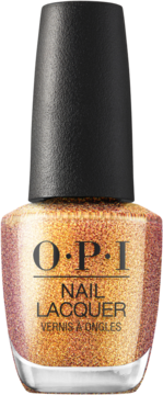 Lakier OPI Butter Me Up Toffee, złoty brokat w ciepłej tonacji, butelka z czarną nakrętką, widok z przodu.