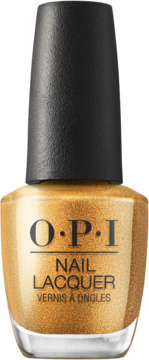 Złoty, błyszczący lakier do paznokci OPI Nougat by Nature w szklanej butelce z czarną nakrętką, widok z przodu.