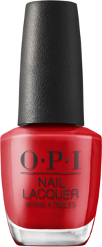 Czerwony lakier do paznokci OPI Red Velvet Vixen w szklanej butelce z czarną nakrętką, widok z przodu.