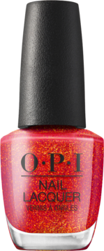 Czerwony lakier do paznokci OPI Spread the Cherry, butelka z czarną nakrętką, widok z przodu, z brokatem.