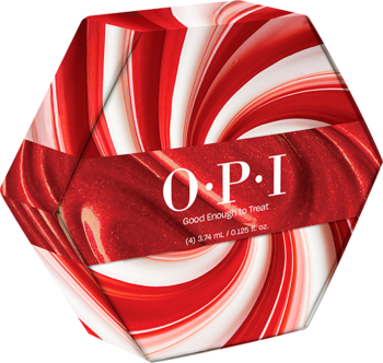 Świąteczny zestaw 4 mini lakierów OPI w sześciokątnym, czerwono-białym pudełku z błyszczącym wzorem cukierka.