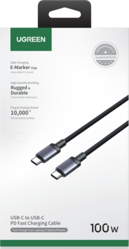 UGREEN USB-C to USB-C PD 100W fast charging cable. Black braided cable shown on its white product box.