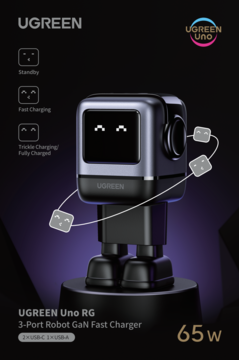 Ciemnoszara robotyczna ładowarka UGREEN Uno RG 65W z wyświetlaczem emotikon, 3 porty, widok z przodu.