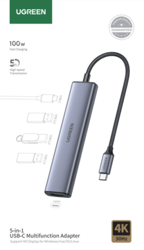 UGREEN 5-in-1 USB-C adapter, ciemnoszara aluminiowa obudowa z kablem USB-C, widok z przodu, wspiera 4K 30Hz i 100W.