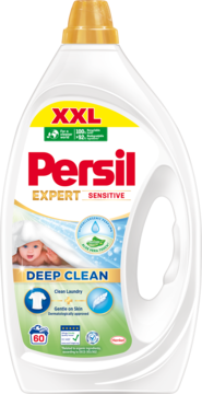 Biała butelka płynu Persil Expert Sensitive Deep Clean, XXL, z grafiką dziecka i napisem Aloe Vera. Widok z przodu.