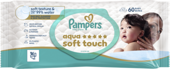 Pampers Aqua Soft Touch chusteczki 99% wody, białe opakowanie z turkusowym owalem i dzieckiem, widok z przodu.