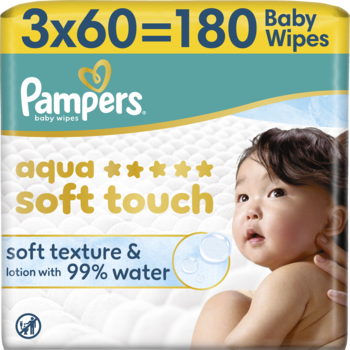 Pampers Aqua Soft Touch chusteczki nawilżane, 180 sztuk. Niebieskie opakowanie z 5 gwiazdkami, 99% wody i dzieckiem.