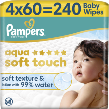 Pampers Aqua Soft Touch chusteczki nawilżane, 4x60=240 sztuk, z 99% wody, białe opakowanie z wizerunkiem dziecka.