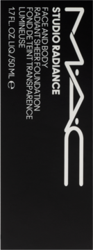 MAC Studio Radiance Face & Body Radiant Sheer Foundation w czarnym opakowaniu, z białym logo i opisem.