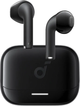 Czarne słuchawki bezprzewodowe Soundcore K20i z designem ze słupkiem, w otwartym etui ładującym.