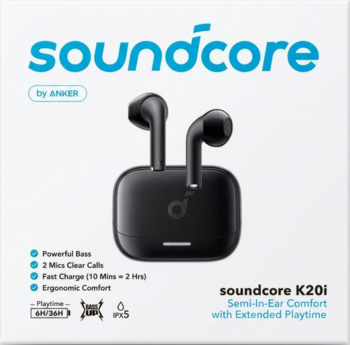 Białe pudełko słuchawek Soundcore K20i. Czarne słuchawki bezprzewodowe semi-in-ear w etui. Widok z przodu opakowania.