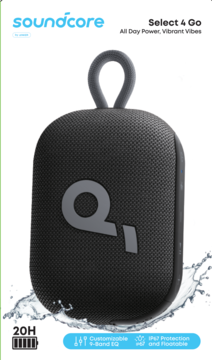 Czarny głośnik soundcore Select 4 Go Bluetooth z uchwytem i logo, na opakowaniu z informacją o IP67 i 20H.