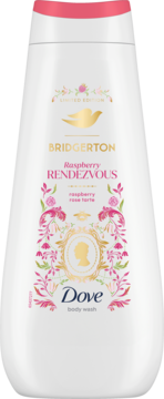 White Dove Bridgerton Raspberry Rendezvous limited edition body wash, front view with gold bird logo and ornate floral patterns.