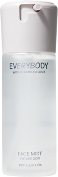 Przezroczysta, matowa butelka z białym dozownikiem, mgiełka do twarzy Everybody Future Dew 100ml, widok z przodu.