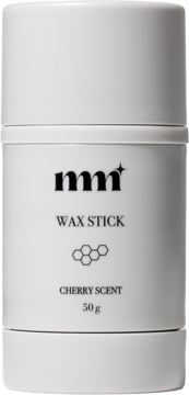 Biały, cylindryczny wosk w sticku mm* do wygładzania włosów, wiśniowy zapach, 50g, widok z przodu.